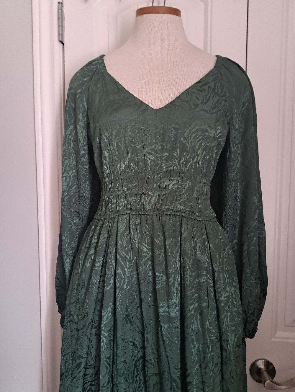 TAYLOR Long Sleeve V-Neck Maxi Dress GREEN embossed smocked lined flowy Small - Picture 3 of 12